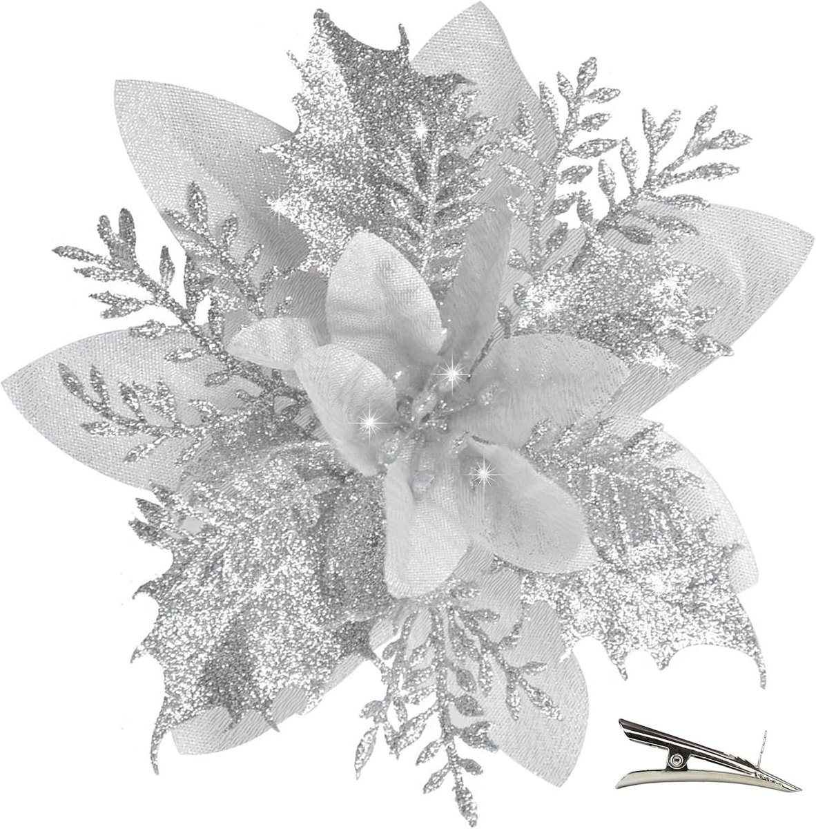 Kunstkerstbloemen met Clip - Zilver - 4,5 cm - Glinsterende Decoraties voor Kerstboom en Feestjes