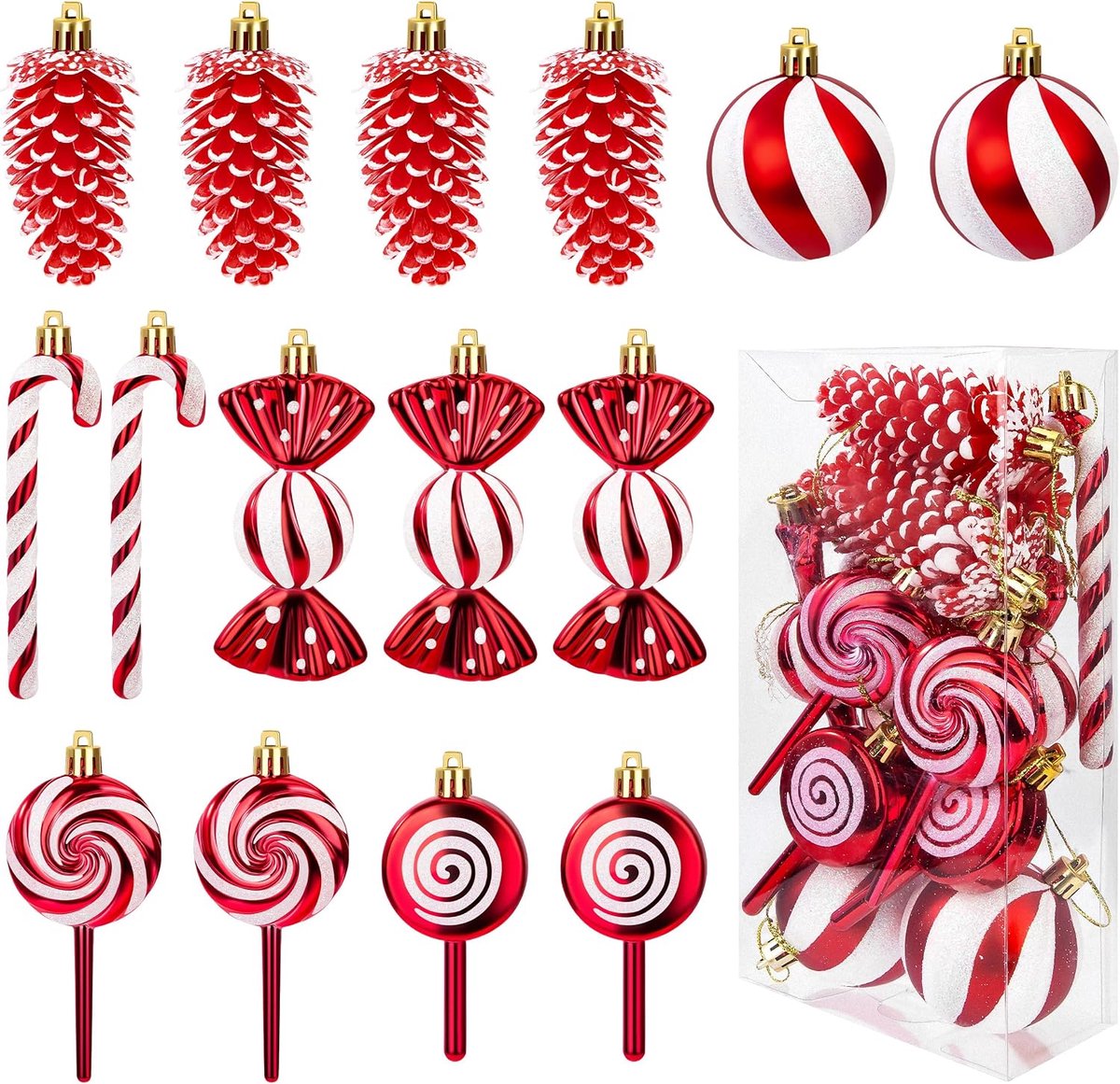 Kerstballen, decoratie van snoep, glinsterende kerstboomdecoratie van kunststof, glitter, suikerrist, dennenappels, lolly's, ornamenten, rood en wit