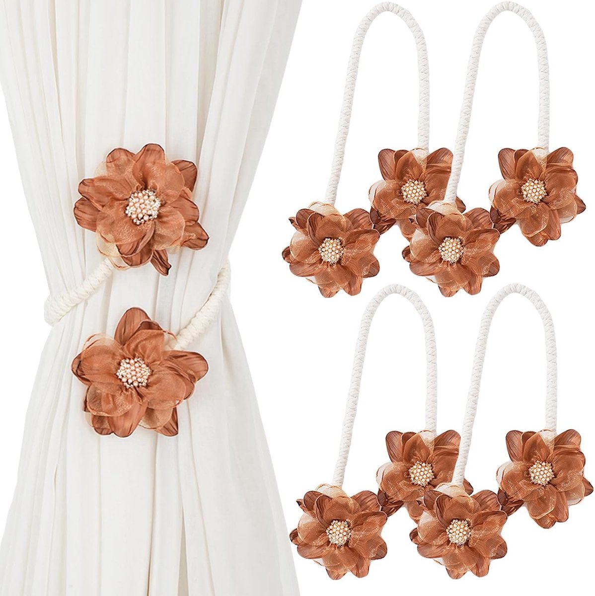 4 stuks verstelbare gordijnhouders bruine bloemen boho raamdecoratie gordijnhouder - ShopVlot
