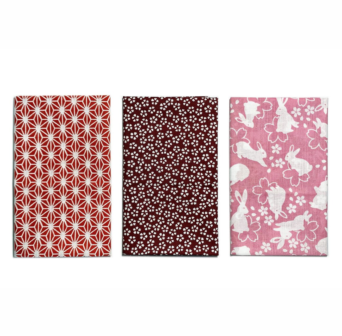 Yagisei Made in Japan Komon Tenugui Handdoek 3 type set (Lijnblad, Sakura, Konijn), Wit, 330 x 900 cm - ShopVlot