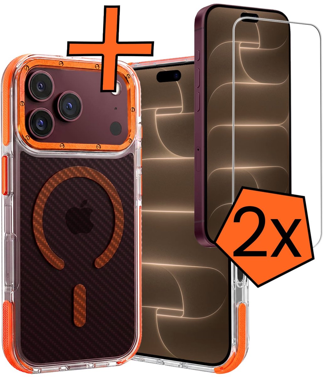 Hoes - Met 2x Screenprotector - Geschikt voor Apple iPhone 18 Pro - Magsafe Compatible - Carbon Look - Sterk & Shockproof - Back Cover - Shock Proof Case - Telefoon Hoes - Oranje