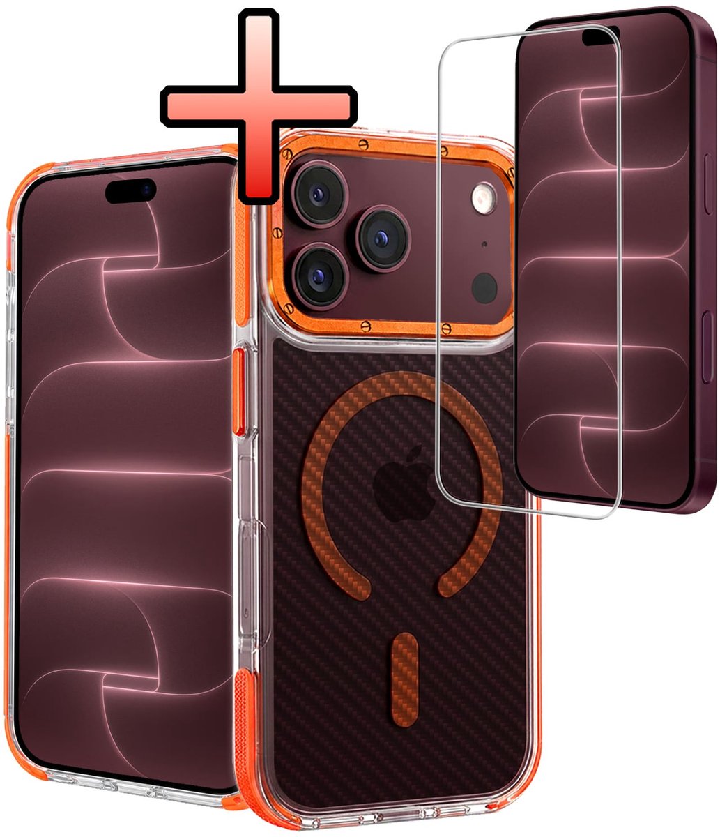Hoesje - Met Screenprotector - Geschikt voor Apple iPhone 18 Pro - Magsafe Compatible - Carbon Look - Sterk & Shockproof - Back Cover - Shock Proof Case - Telefoon Hoes - Oranje