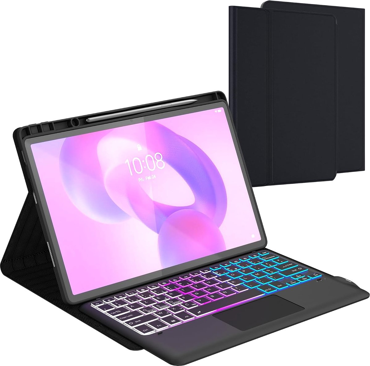 Toetsenbordhoes voor Lenovo Idea Tab Pro 12,7 inch 2025: 3-zones 7-kleuren retroverlicht toetsenbord voor Lenovo Idea Tab Pro 12,7 inch - Draadloos afneembaar Azerty Frans toetsenbord met stylushouder