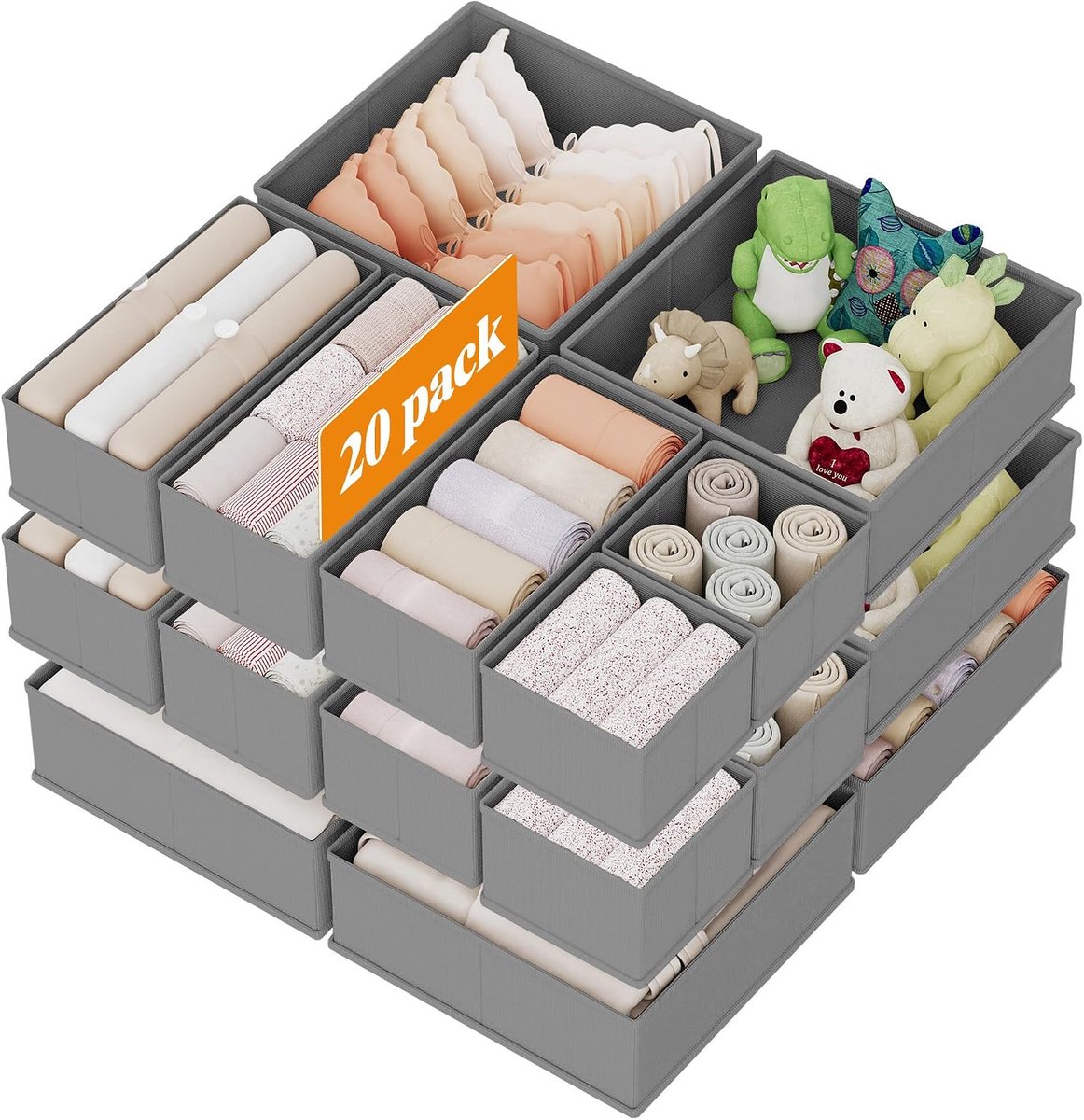 Set van 20 lade-organizer, opbergdoos voor ondergoed, voor sokken, beha's, slipjes, stropdassen, sjaals, grijs