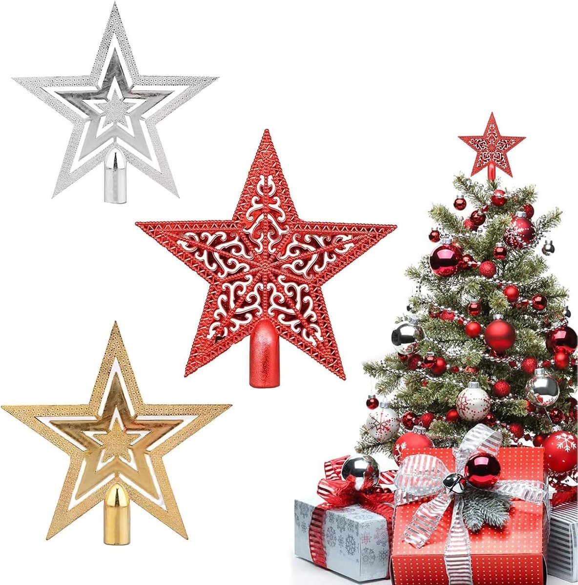 3 stuks kerstboomtop kerstster, ster-top voor kerstboom, kerstboomtop glitter-ster, voor kleine kerstboomdecoratie