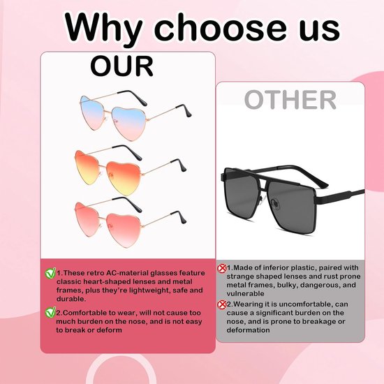 Zonnebril hartvormig dames heren set van 3 – gepolariseerde retro zonnebrillen – festival brillen voor feest, zomer, carnaval – uniseks accessoires voor volwassenen en kinderen — afbeelding 5
