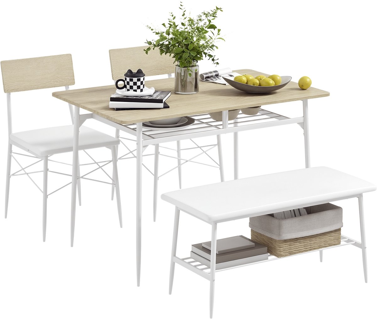 Eethoek Set voor 4 Personen - Eettafel met 2 Stoelen en Eetkamerbankje met Opbergruimte - Ruimtebesparend - Eikenkleur