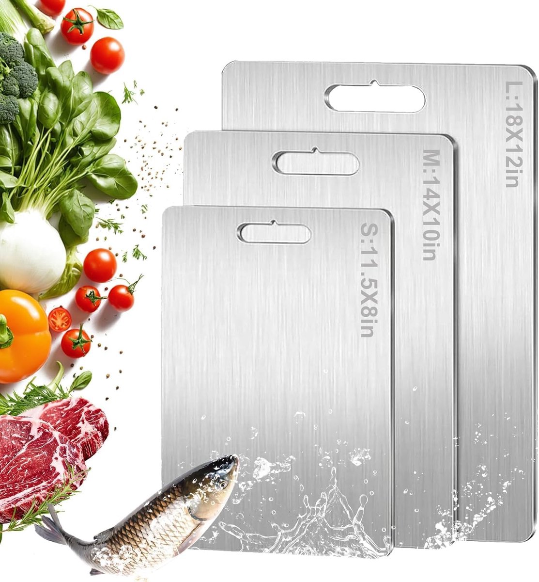 Snijplanken, set van 3, S316 roestvrijstalen planken voor de keuken, dubbelzijdige snijplank in levensmiddelenkwaliteit voor het snijden van vlees, groenten, fruit, vaatwasmachinebestendig