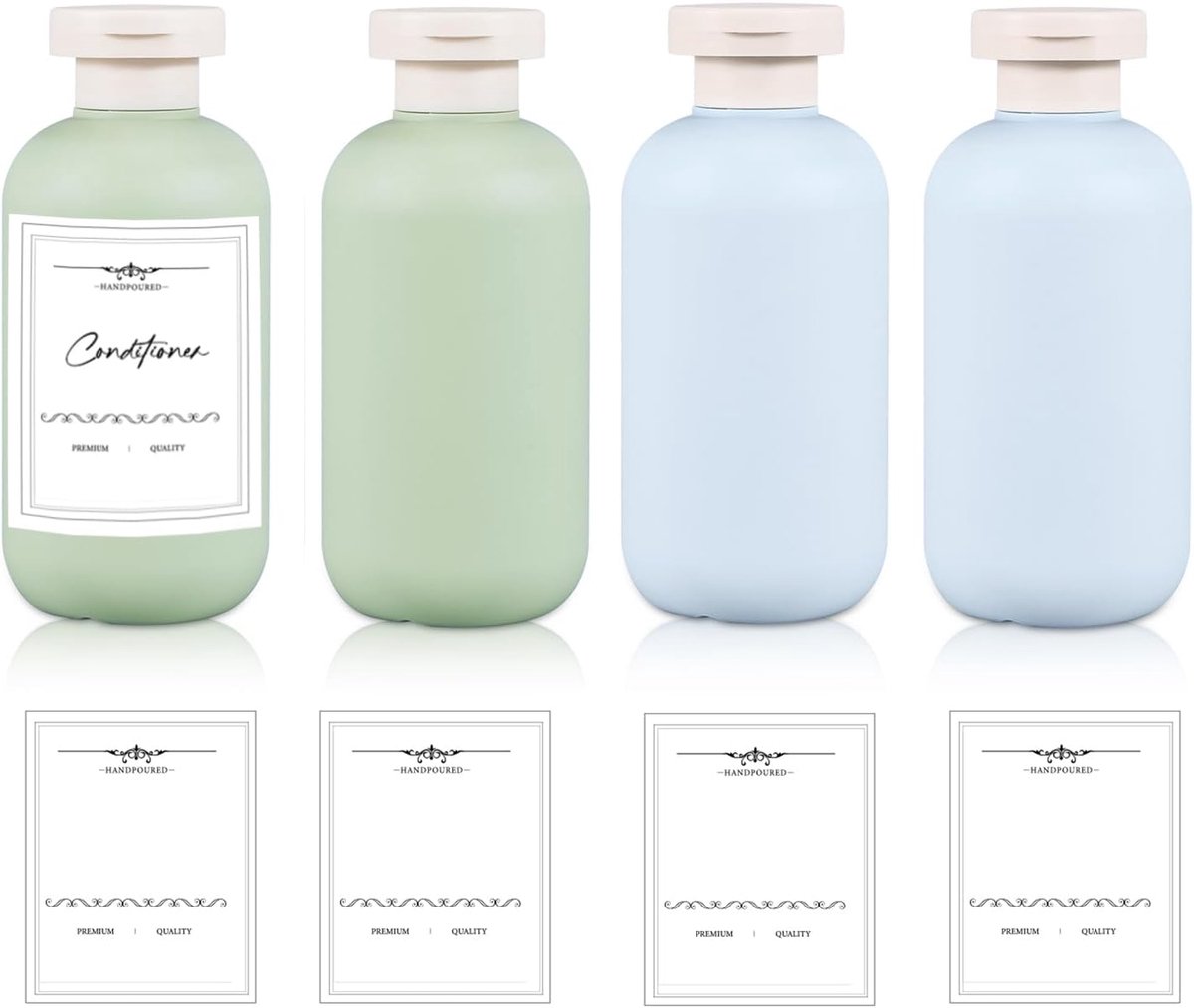 Reisflessen om te vullen, lekvrije reisset, grote shampoohouder met flip-topdeksel, lege reisflessen (groen + blauw, 200 ml)