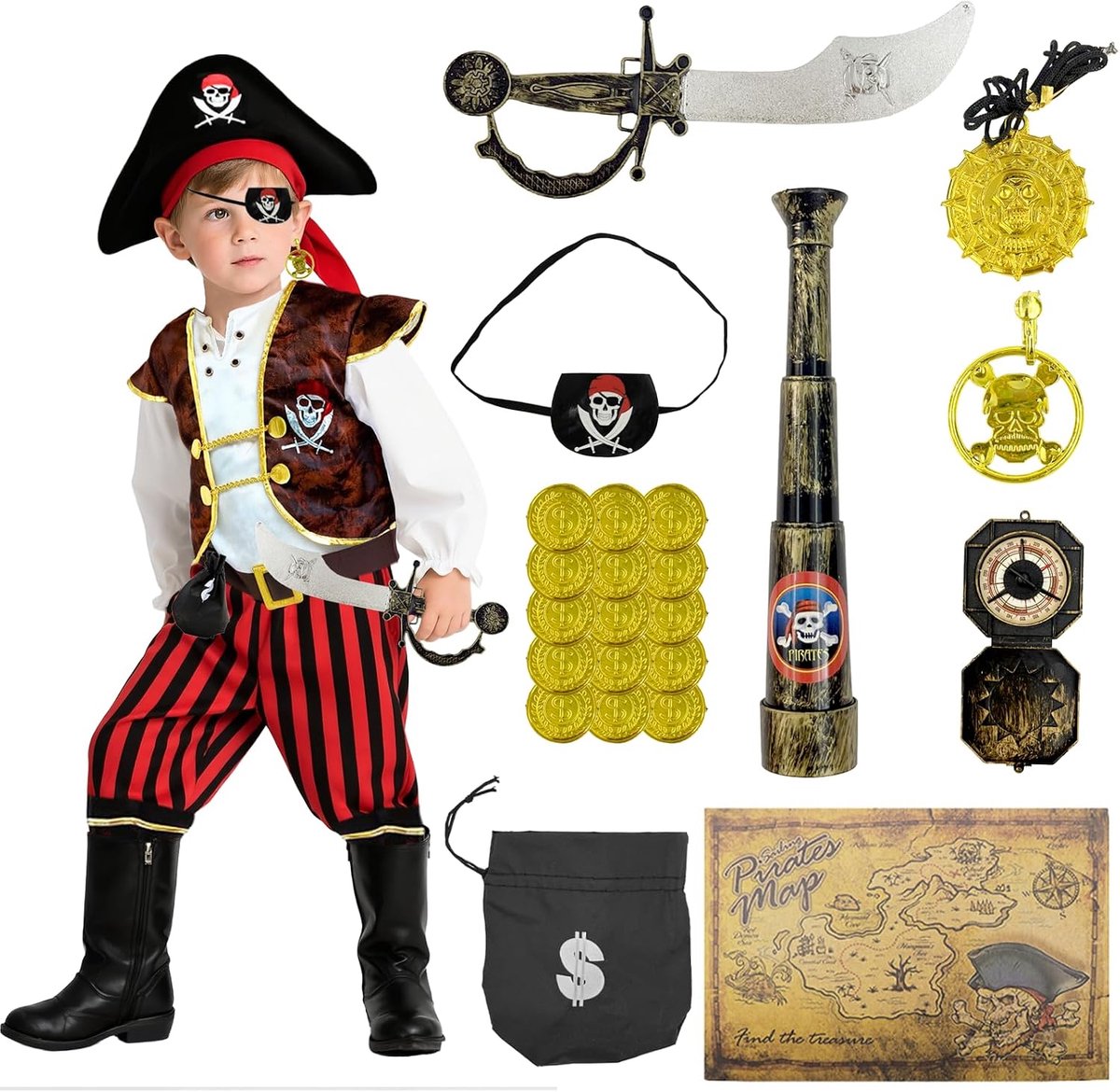 5-delige set piratenkostuum voor kinderen, 22 stuks piratenaccessoires, piratendecoratie kinderverjaardag, rollenspelkostuum voor kinderen, Halloween-kostuum voor kinderen van 3-6 jaar