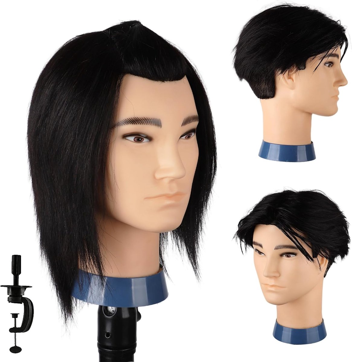 Mannequin mannelijk met 100% menselijk haar, mannelijk kapsel, oefenhoofd met dik haar, kapper, mannequin, poppenhoofd voor training, haarstyling (zwart, 35 cm)
