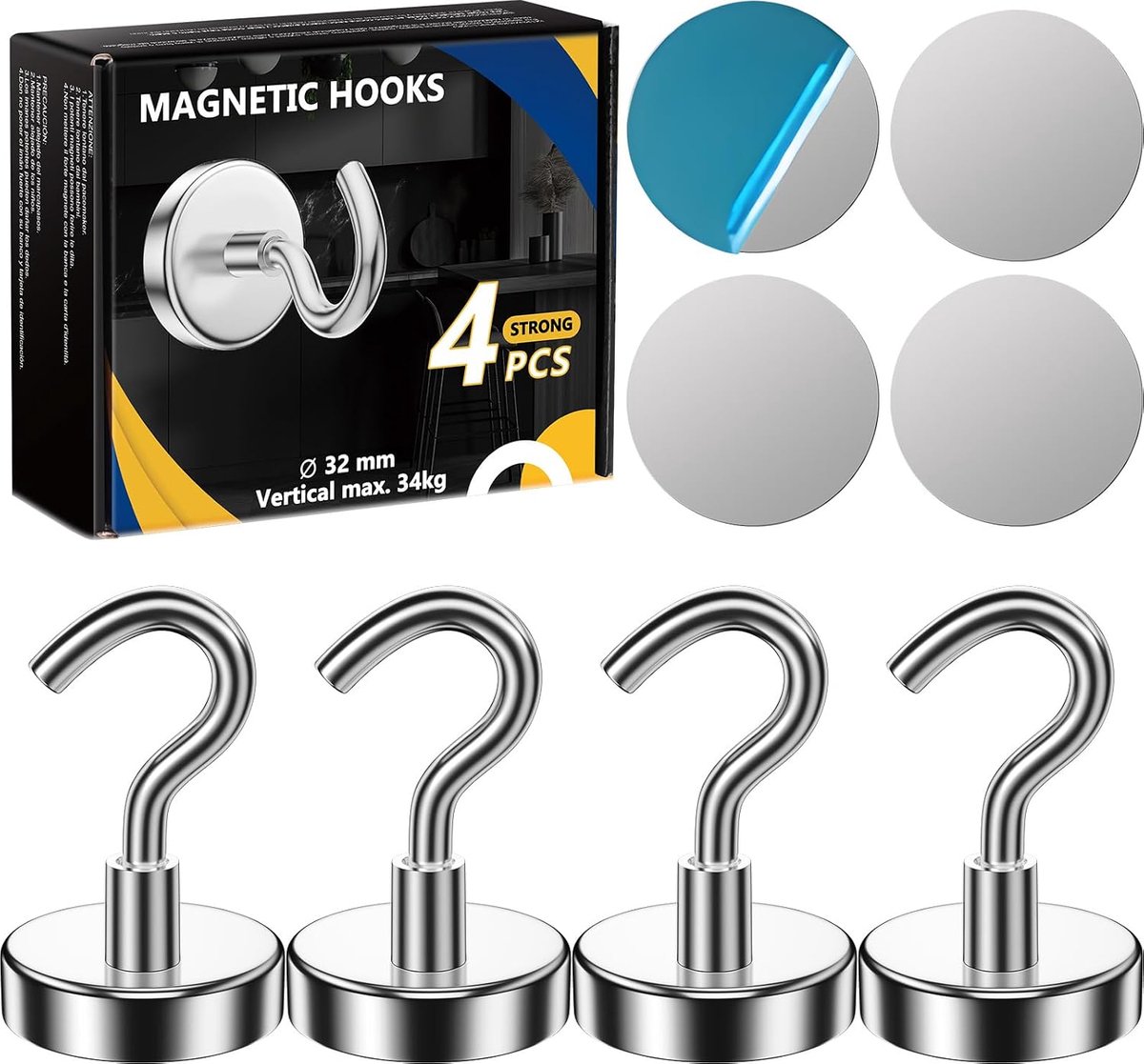 Magneethaken 32mm houdt 34 kg Extra Sterk Met 4 metalen schijven