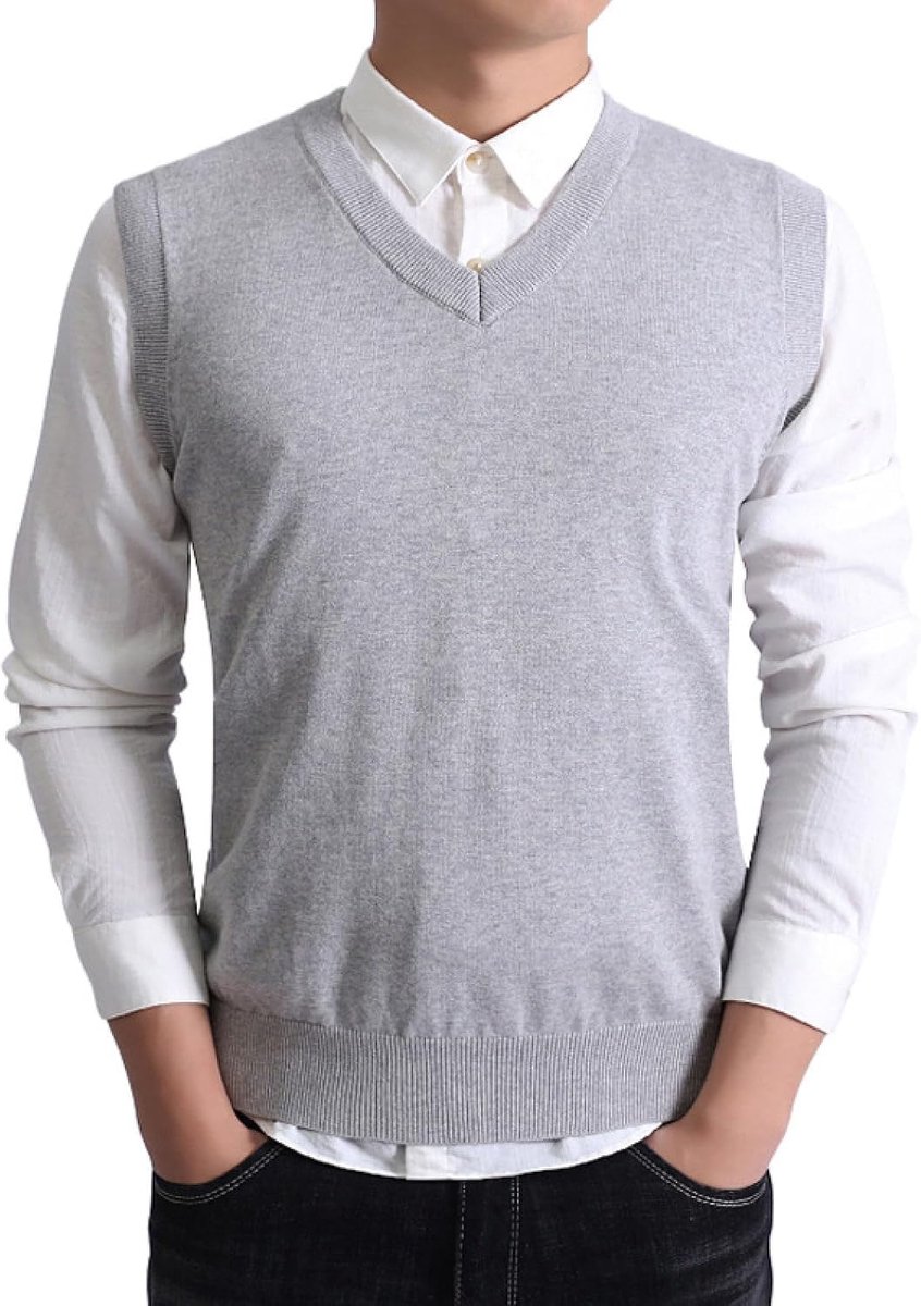 Herfst En Winter Heren Trui Met V-Hals, Jeugd Mouwloos Herenvest Effen Kleur Trui Vest, Klassiek Zakelijk Heren Breigoed Gebreid Vest Trui Tanktops,Grijs,S