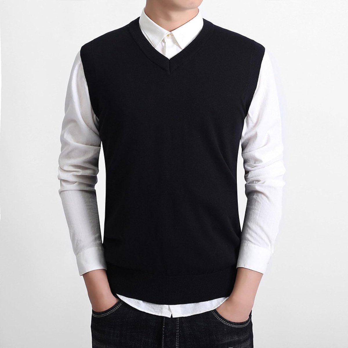 Herfst En Winter Herenfleece Truivest, Heren Casual Gebreid Vest Met V-Hals Geïntegreerde Fleece Basisjas Pullover Trui, Klassiek Zakelijk Gentleman Knitwear Sweater Tank Tops, Zwart, S