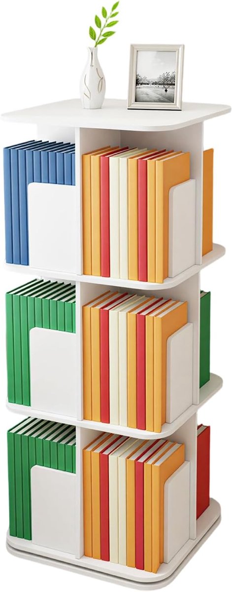 3-traps Draaibare Boekenkast 360° Display Portret Opslagplank Zwart Metaal Kleine Hoek Vloerstaande Spinning Organizer (Wit)