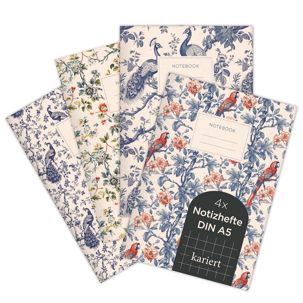 Etmamu 1074 Set van 4 notitieboekjes, A5, chinoiserie, Aziatische exotische patronen, geruit