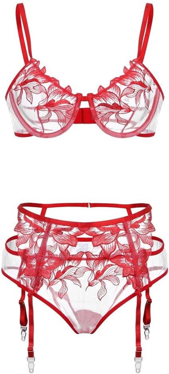 Babydolls, nachtjaponnen & negligés Dames Sexy Lingerie Kant Transparante Lingerie Kostuums Borduurling Lingerie Set-Rojo_L