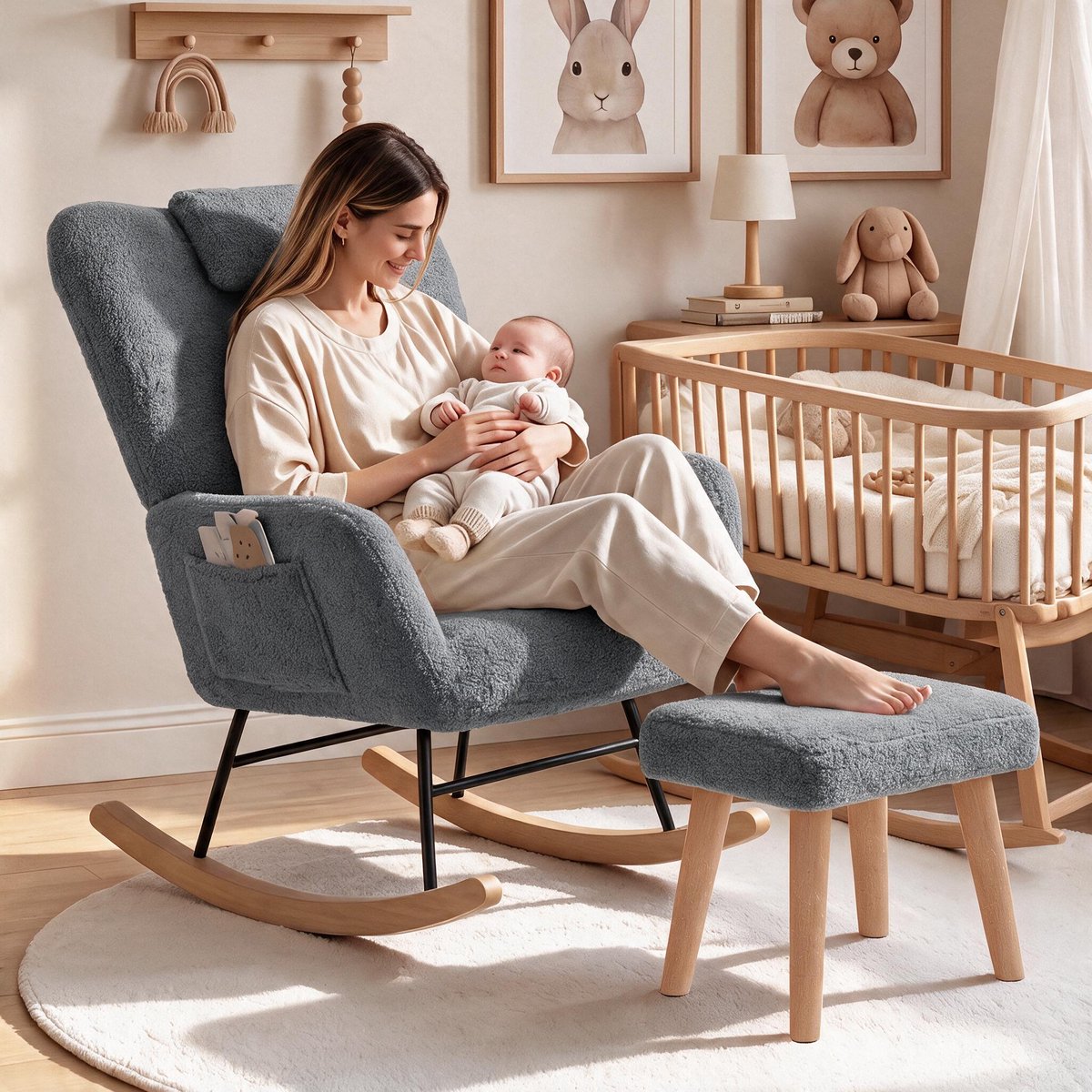 Pluche Schommelstoel met voetenbank, Ergonomische verpleegstoel met lendenkussen, hoofdsteun en zijvakken, massief houten onderstel, Relaxfauteuil voor woonkamer, slaapkamer, babykamer, Max. 150 kg belastbaar, Grijs