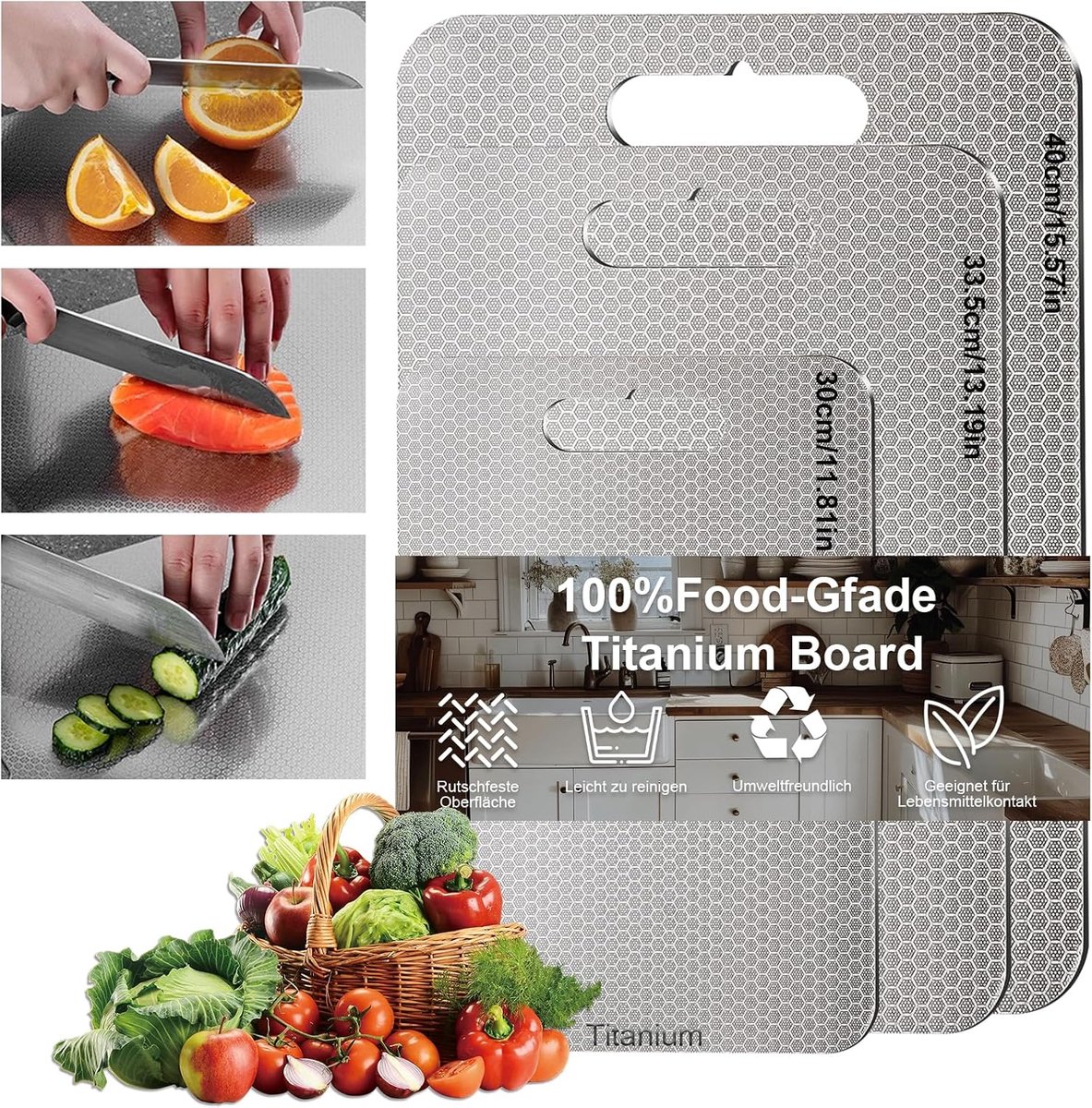 Set van 3 Titanium Keukenplanken 100% - Nieuwe versie 2025, Krasbestendig, Dubbelzijdig, BPA-vrij - Hygiënische en voor de moderne keuken