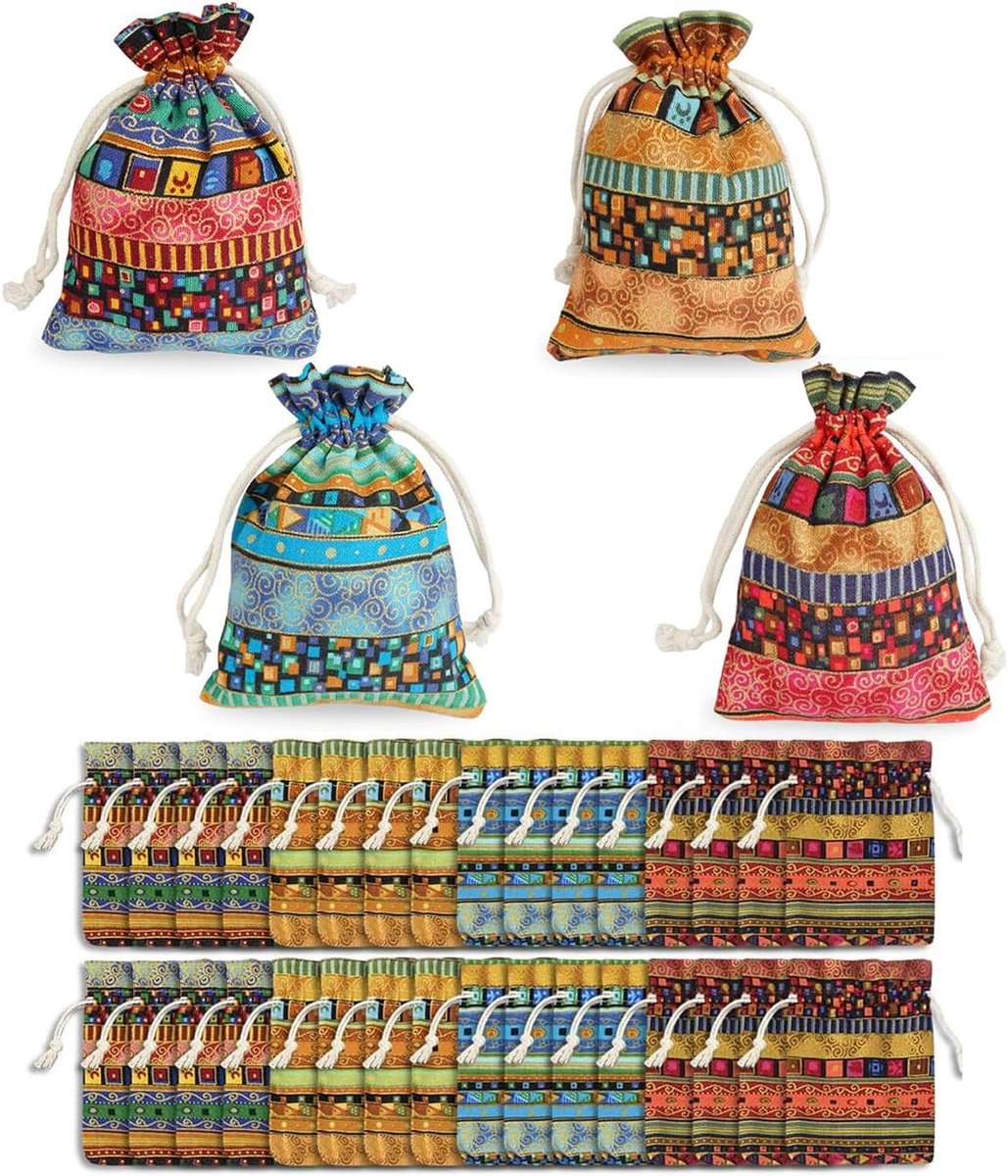 32 stuks stoffen zakjes met trekkoord, katoen, linnen, jute, etnische stijl, wasbaar, licht, geschenkzakjes voor Kerstmis, verjaardag, bruiloft, feest (10 x 14 cm)