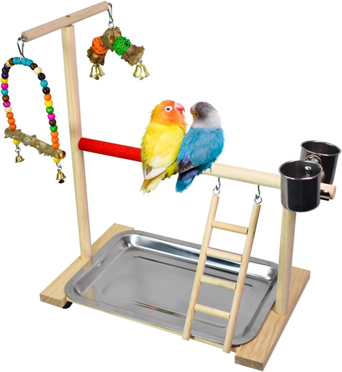 Speelstandaard Vogelspeelplaats Houten Zitstok Gym Box met Voerbeker Ladder Schommelbak - Speelstandaard Oefenspeelgoed Kooiaccessoires Speelgym voor Valkparkiet Parkieten Parkieten