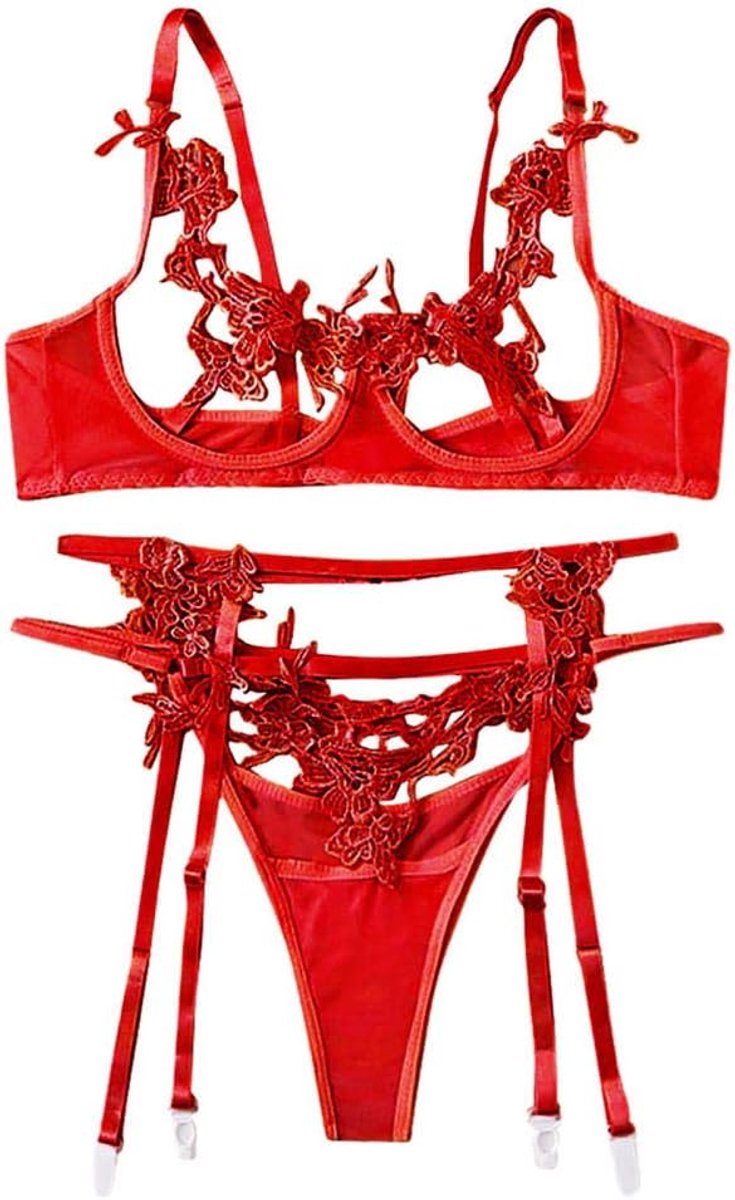 Dameskostuums Vrouwen Erotische Lingerie Transparant Hol Kant Open Bh G-String Kousenband Nachtkleding Sexy Ondergoed Porno Kostuum-Red_M