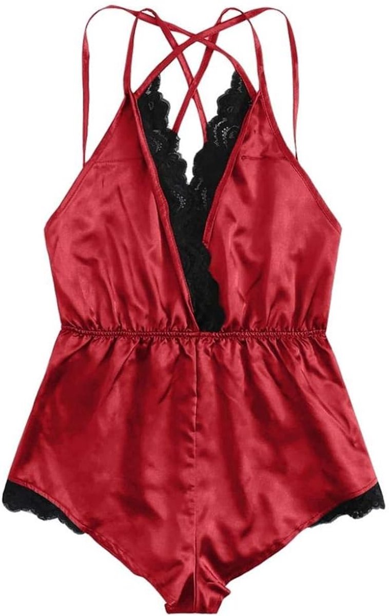 Sets met nachtmode & ochtendjas Sexy Halter Satijnen Bodysuit Dameskleding Zijden Lingerie Satijn Een Stuk Nachtkleding-C_M