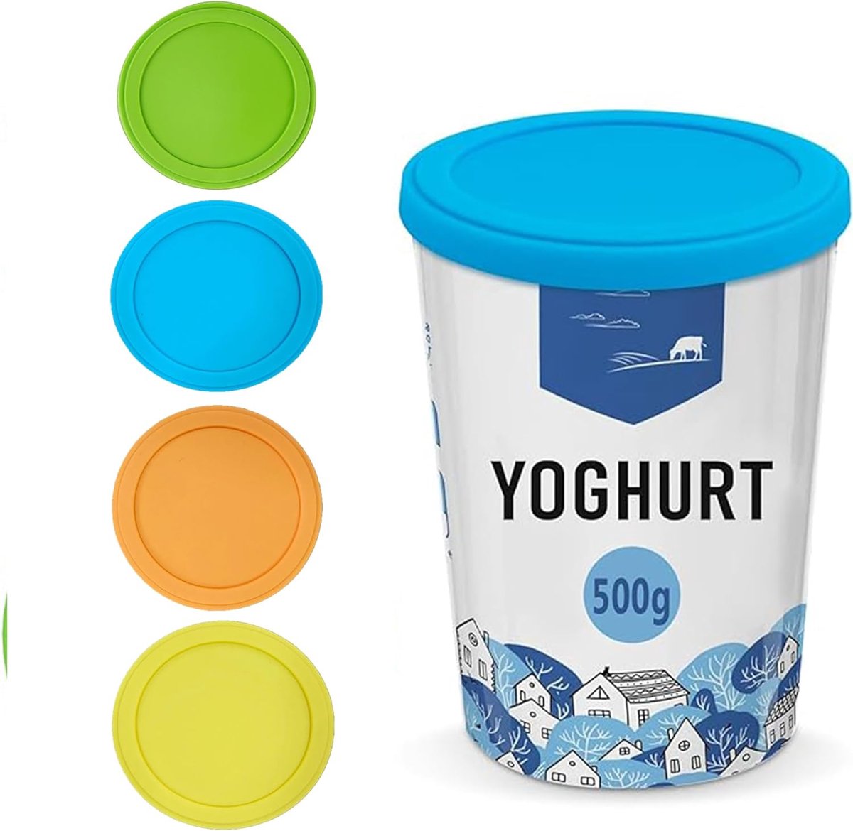 4 stuks deksel, 500 g, herbruikbaar vers Siliconen-deksel voor yoghurtbekers, compatibel met bekers van 150-500 g