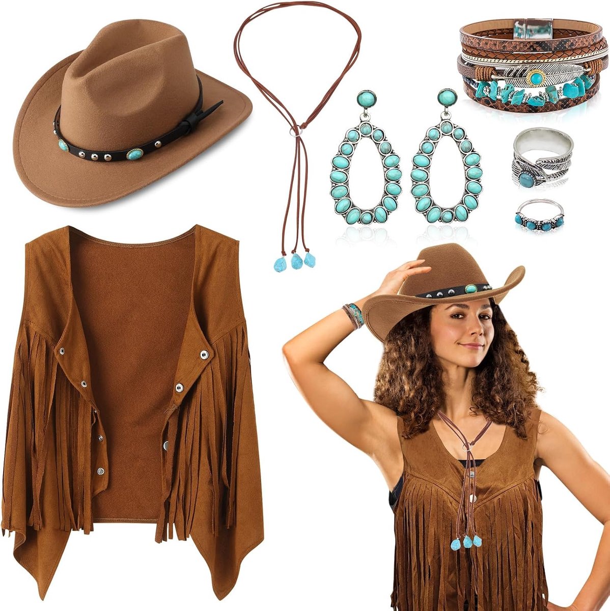 7 stuks western cowgirl outfits voor dames, hippiekostuum, accessoires met kwastvest, cowgirlhoed, boho-halsketting, oorbellen, ringen, armbanden voor carnaval, Halloween, cosplay