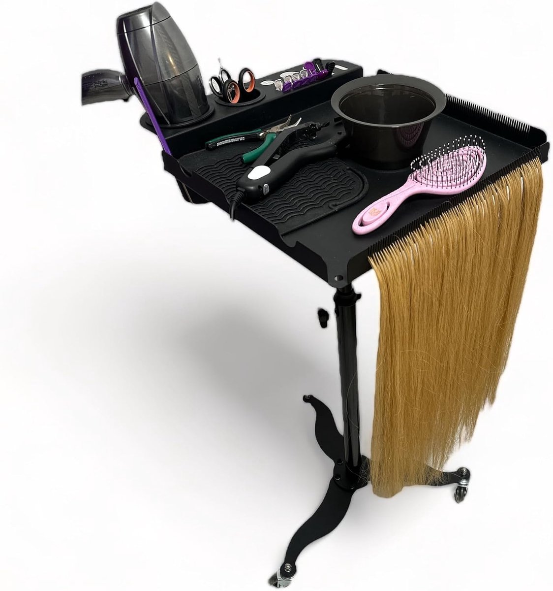 Kapperswagen – mobiel, in hoogte verstelbaar & hittebestendig. Magnetische kommen & kamhouder voor extensions – Perfect voor kapsalon en mobiele kappers