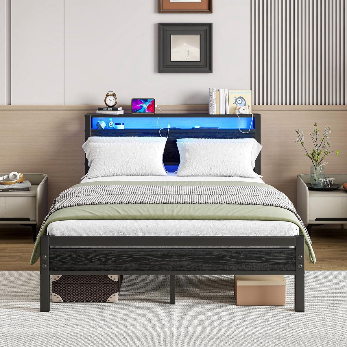 Bedframe met laadstation, led-verlichting, tweepersoonsbed, logeerbed, metalen bed, 140x200 cm, bedframe van metaal, jeugdbed met lattenbodem, hoofdeinde in zwart, voor slaapkamer en