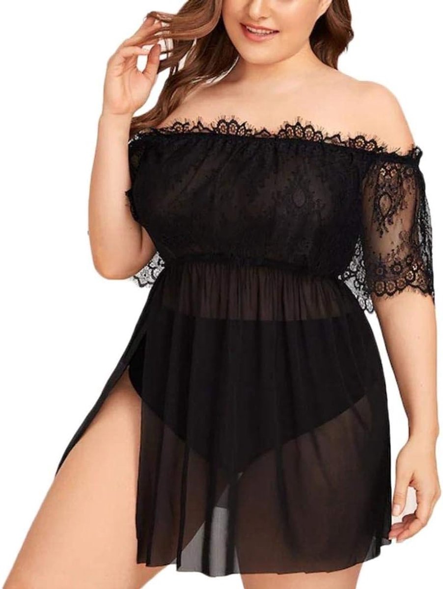 Dameskostuums Vrouwen plus size kanten pure mesh sexy lingerie off-shoulder ondergoed sexy kostuums nachthemd