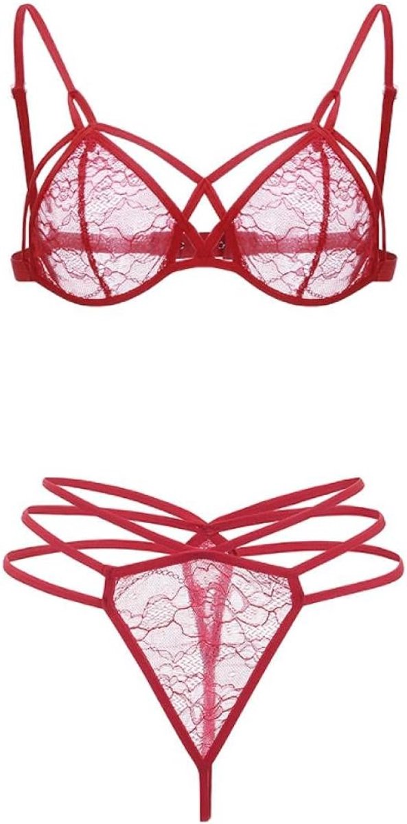 Babydolls, nachtjaponnen & negligés Sexy lingerie g-string beha vrouwelijk ondergoed hol perspectief kanten kleding set-red_XXL