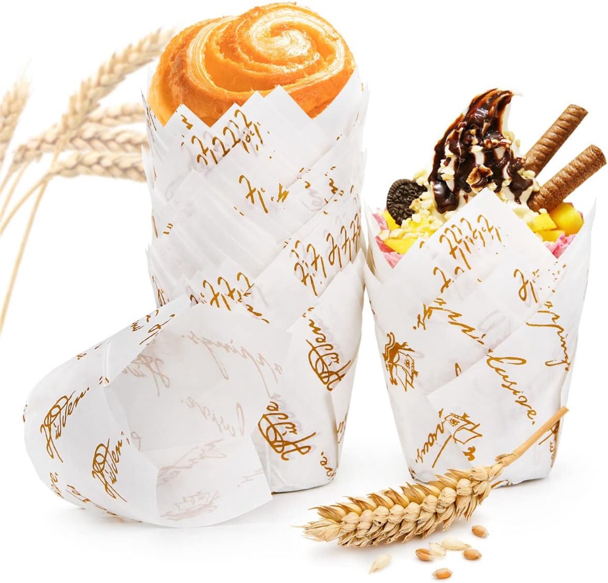 100 stuks tulpen cupcake hoesjes voor bakpapier muffin voeringen tulp cupcake bakbekers voor bruiloften verjaardagen feesten (wit en goud)