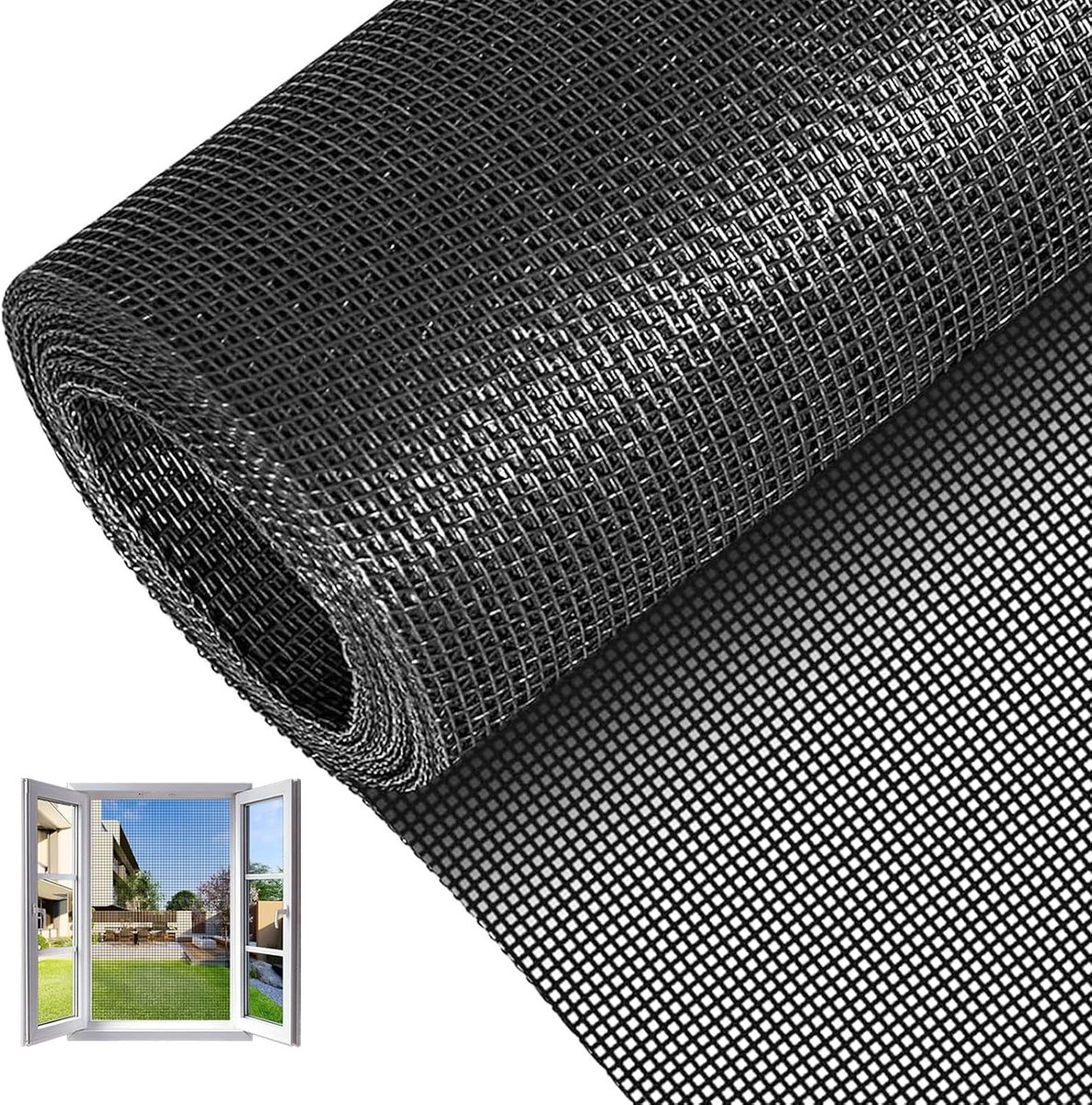 Vliegengaas voor ramen, vliegengaas, per meter, glasvezel, insectenwerend, op maat te snijden, reservenet voor deuren, ramen, dakramen, 120 x 250 cm, zwart