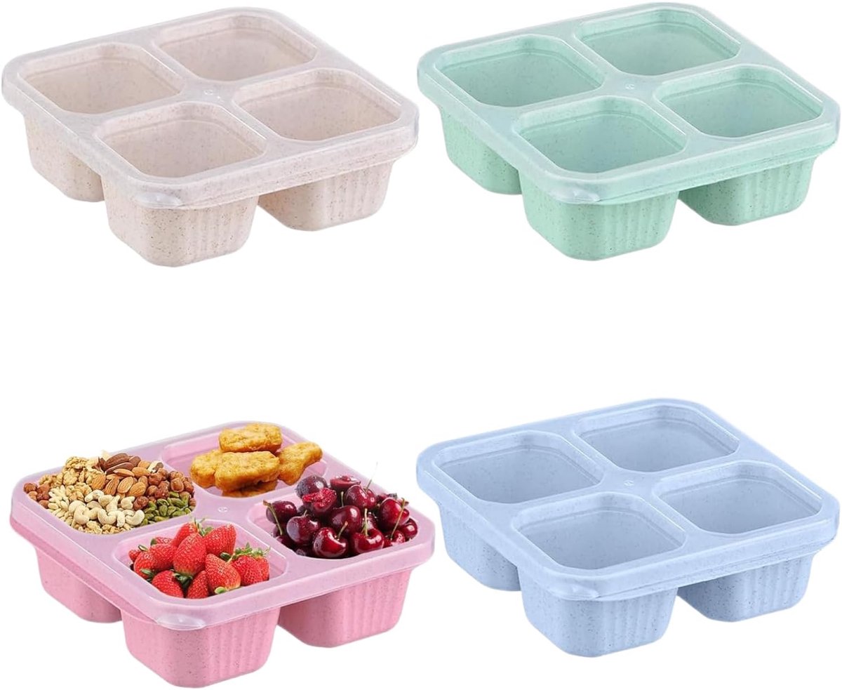4 stuks snackboxen met 4 vakken, snackbox met deksel, herbruikbaar, magnetronbestendig, 15,3 x 15,3 cm, herbruikbare lunchbox met vakken voor school, werk en camping