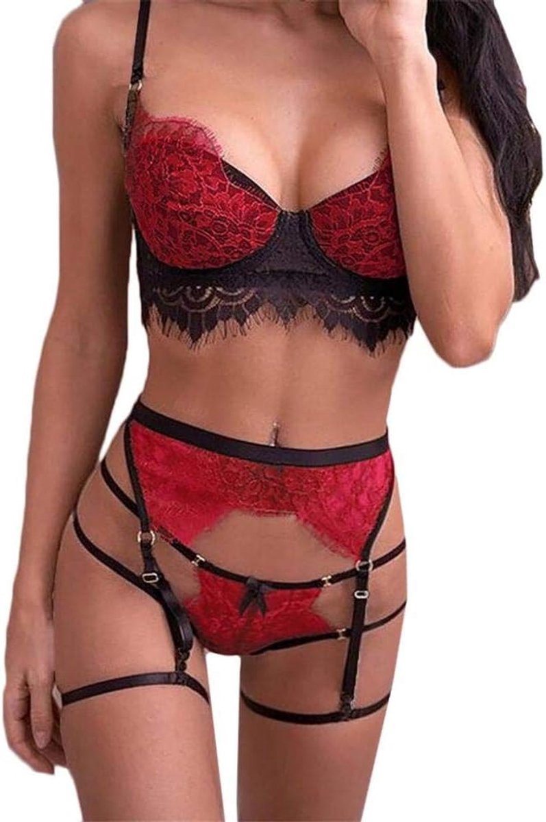 Sets met nachtmode & ochtendjas Vrouwen Sexy Lingerie Bandjes Beha Panty Kousenband Erotisch Ondergoed Porno Lingerie Verleiding Vrouwelijke Set-Red_XL