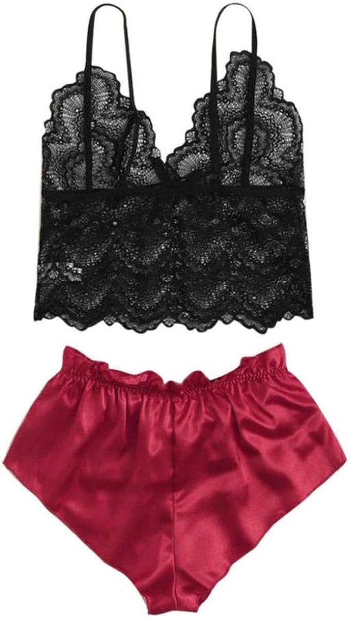Kimono voor dames kanten robe transparant nachtkleding ochtendjas badjas lingeriesetDames Sexy Ondergoed Satijnen Pyjama Jarretel Sleepcoat Shorts Lingerie Set Porno sexy lingerie bodysuit-Red_M