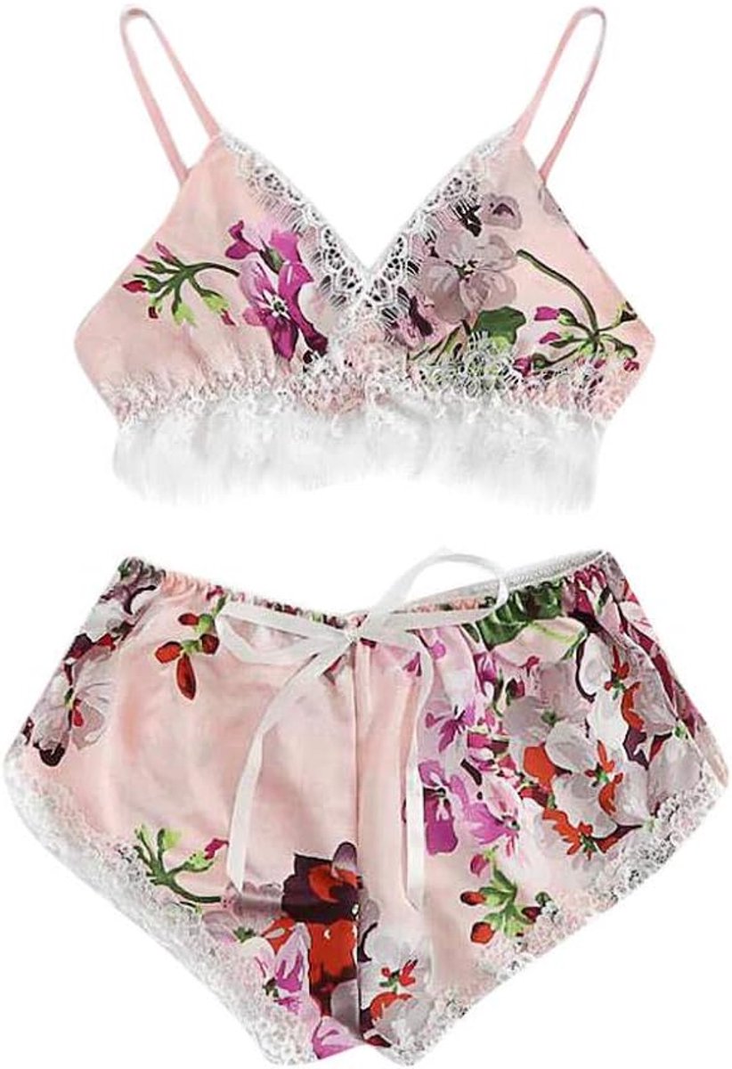 Kimono voor dames kanten robe transparant nachtkleding ochtendjas badjas lingeriesetSexy kanten satijnen rand Floral Bow Lingerie Set Pyjama Nachtkleding kanten lingerie set lungerie sexy-Pink_M