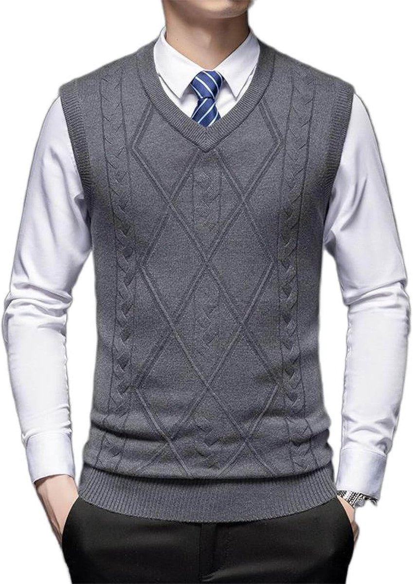 Herenvest Met V-Hals, Klassiek Herfstherenkabelgebreide Trui, Casual All-Match Vest, Trend, Mouwloze Toptrui, Zakelijk Herengebreide Gebreide Vesttrui, Tanktops, Middengrijs, S