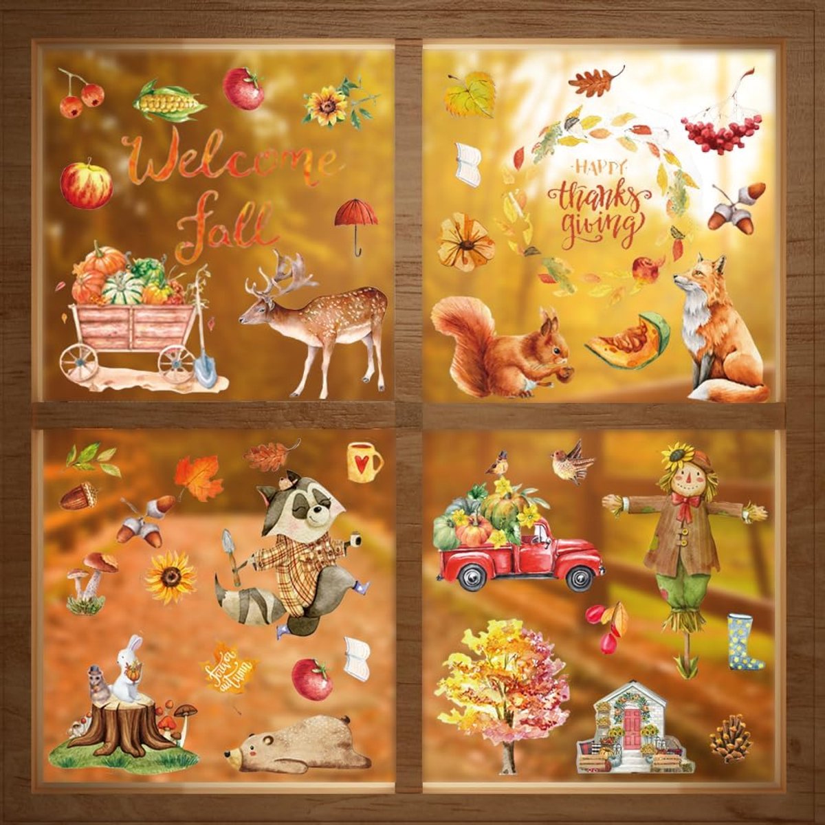 Raamafbeeldingen voor herfst, 90 stuks, 9 vellen raamstickers voor herfst, raamafbeeldingen voor kinderen, herfst, oogstfeest, herbruikbaar, oogstfeest, C
