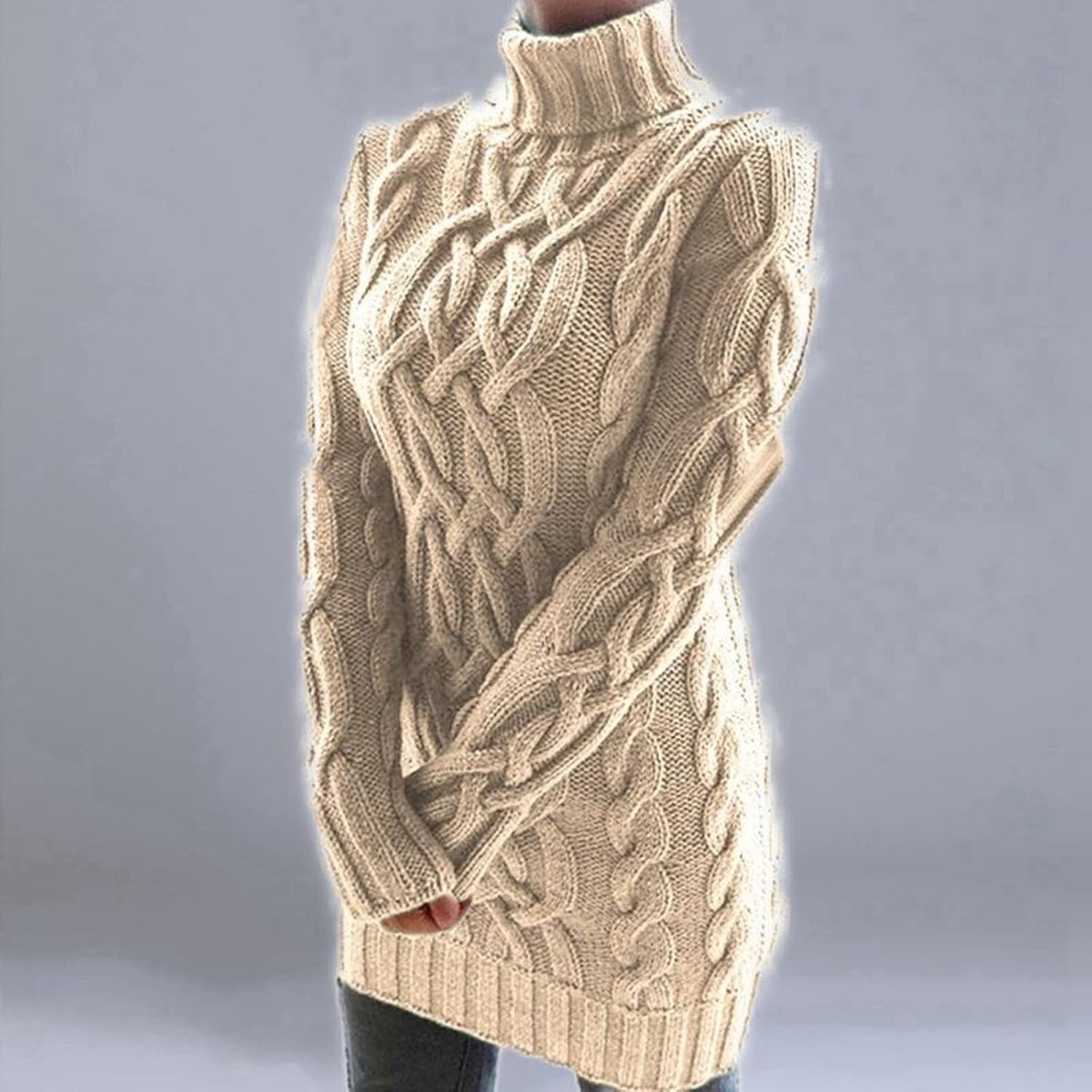 Coltrui - Winter Chunky Damesjurk, Modieus Dik Warm Breiwerk, Lange Mouwen Kaki Stretch Elegant Straat, Casual Kerst Nieuwjaarscadeau,Khaki,S
