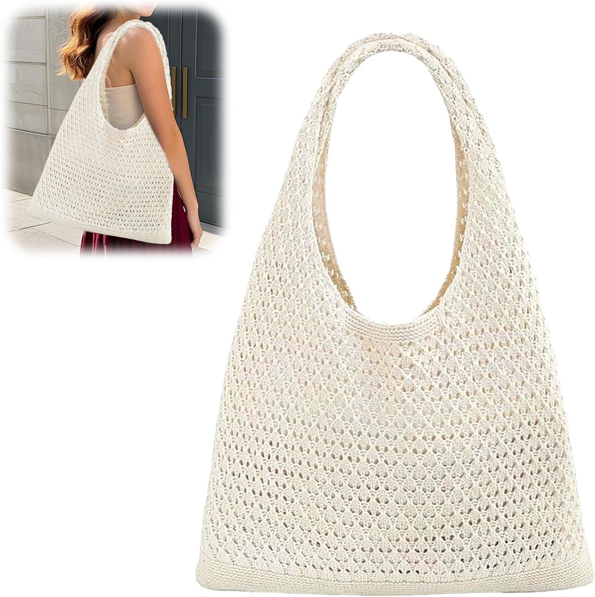 Beach Bag for Women, Summer Boho Knitted Crochet Bag, Beach Bag, Boho Lightweight Net Beach Bag, Handbag for Holiday - ShopVlot