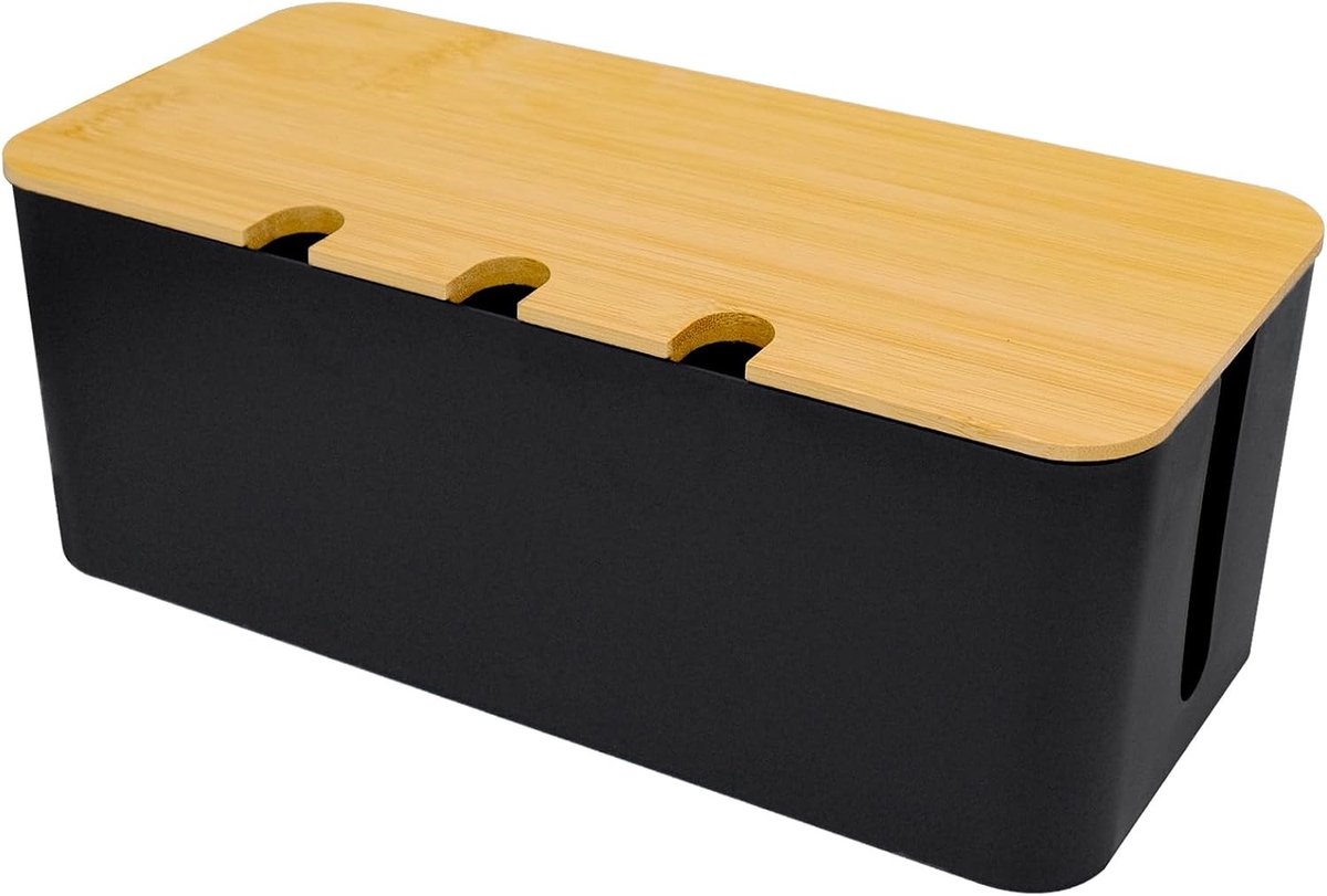 Kabelmanagementdoos met Houten Deksel, Organizer voor Stroomkabels, Mains Strip en Overspanningsbeveiliging, 32 x 13.7 x 12.7 cm, Zwart, Ideaal voor Thuis en Kantoor