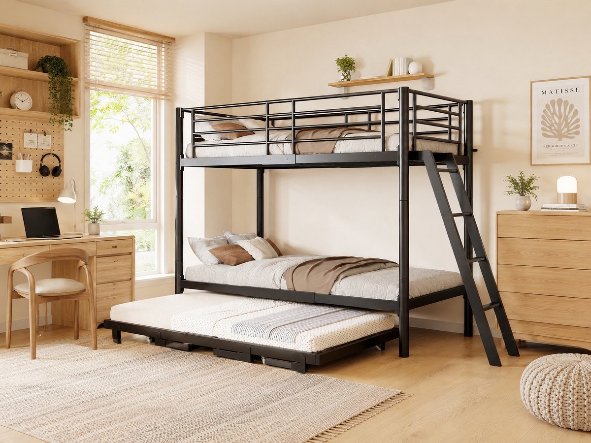 MODENUIT Stapelbed – Uitschuifbaar Onderbed – 90 x 200 cm – Metaal en Hout – Zwart – Kinderkamer Met Ladder