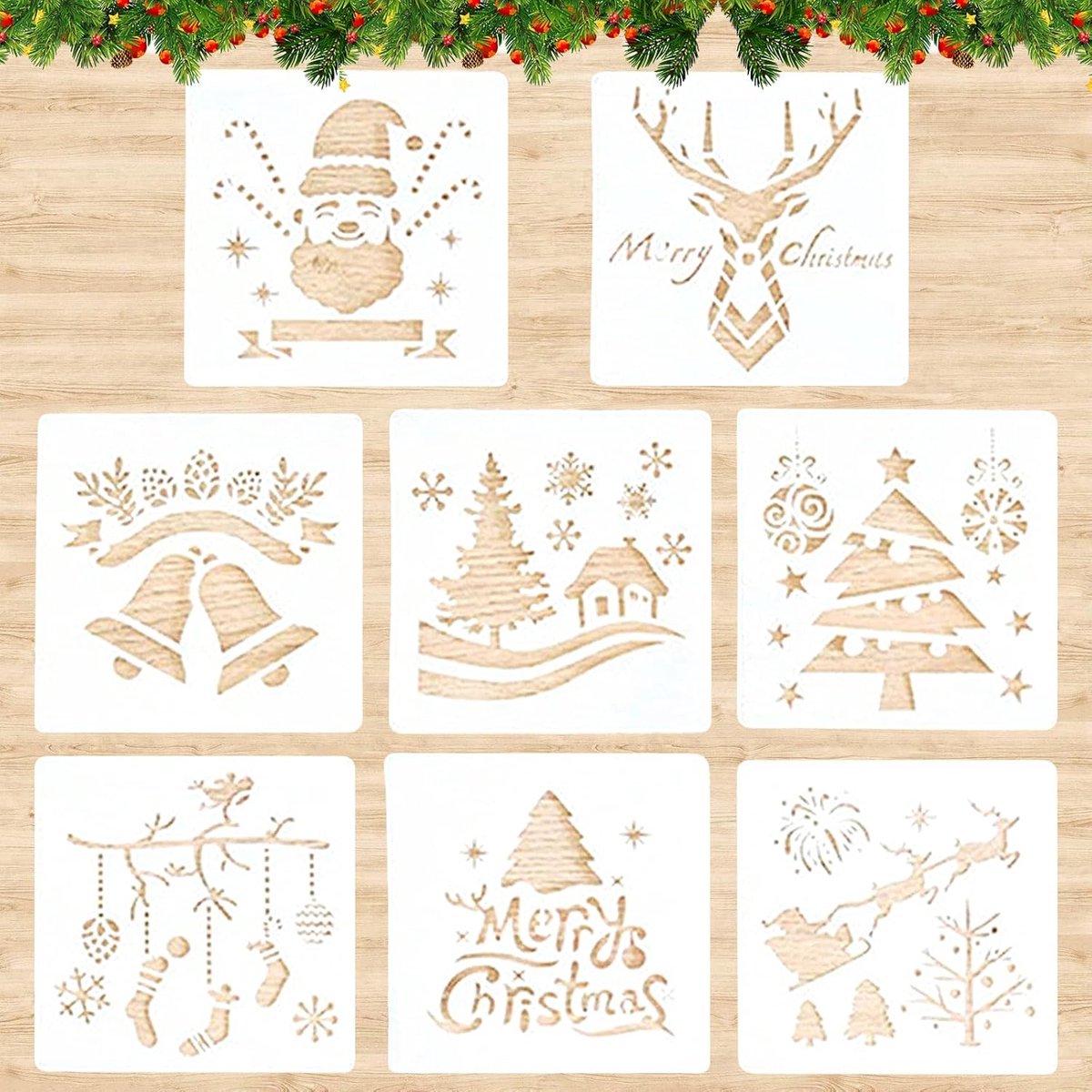 Kerst sjablonen set van 8 - plastic herbruikbaar - mooie patronen - ideaal voor kerstkaarten maken - ShopVlot
