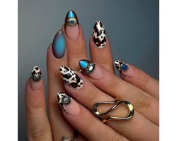 Press On Nails Long, 24 Nails to Stick On Press on Nails Almond Shape Long Cow Pattern Cow Spots Turquoise Brown - ShopVlot