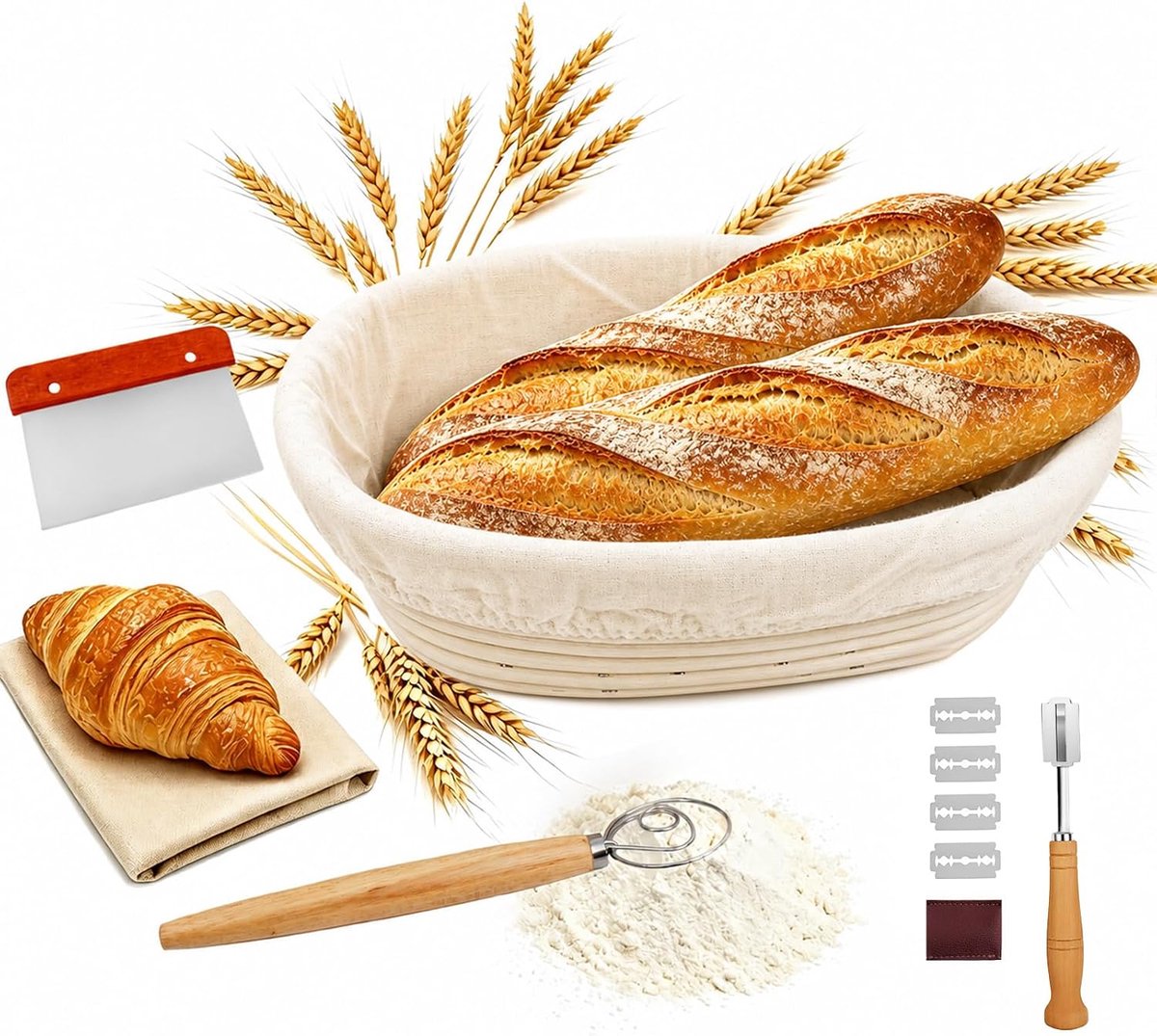 Rijsmand ovale vorm (24,5 cm) - natuurlijk rotan - complete set voor thuisbakken - ShopVlot