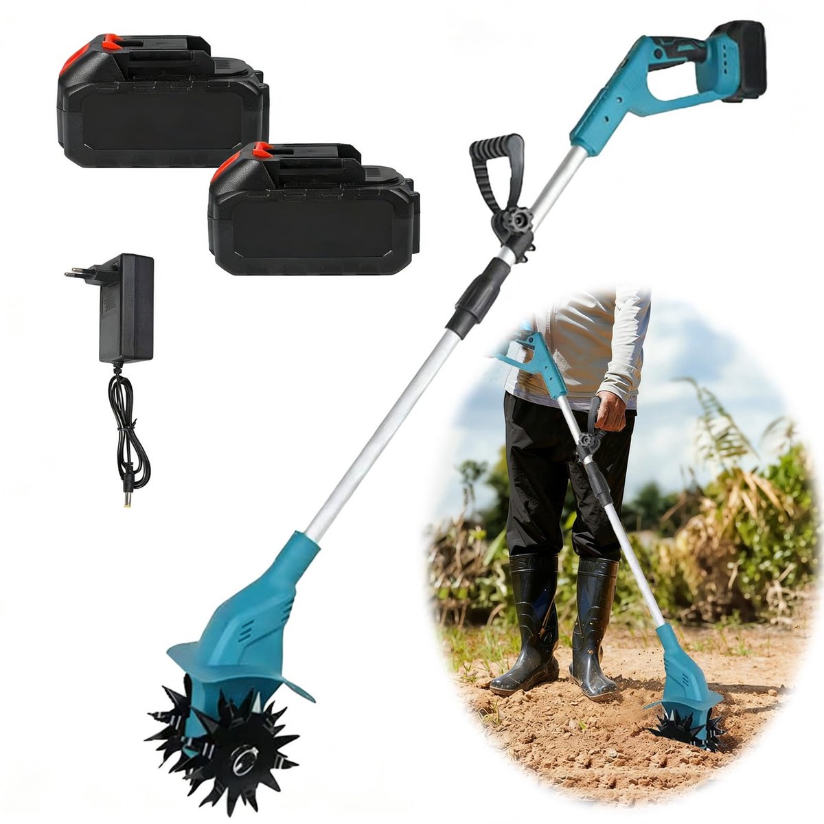 Accu-bodemhak, 21 V, 500 W, tuinfrees, motorhak, elektrische borstelloze motor, 2 x 4,0 Ah accu's, inklapbare - ShopVlot