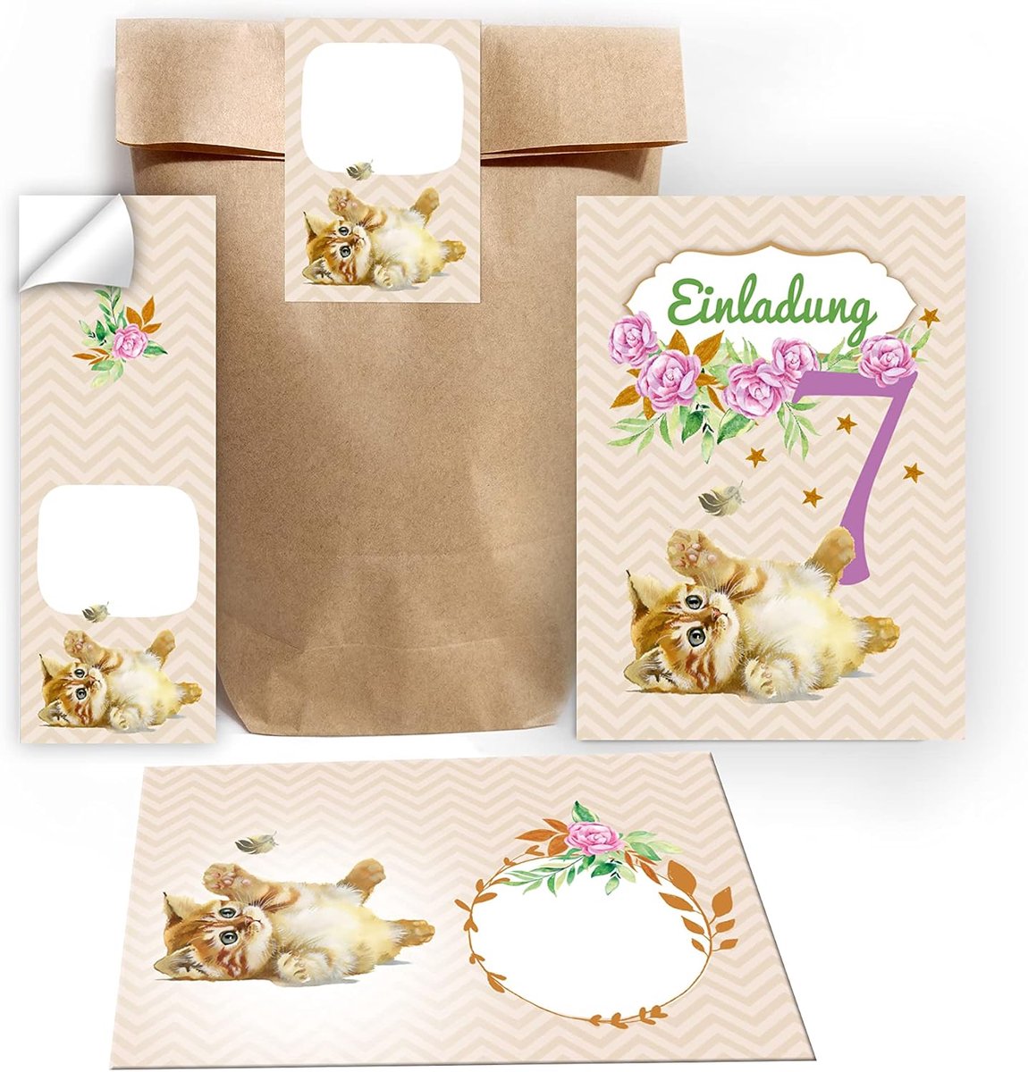 Uitnodigingskaarten 7e verjaardag - Kat thema - Inclusief enveloppen en stickers - Perfect voor feest - ShopVlot